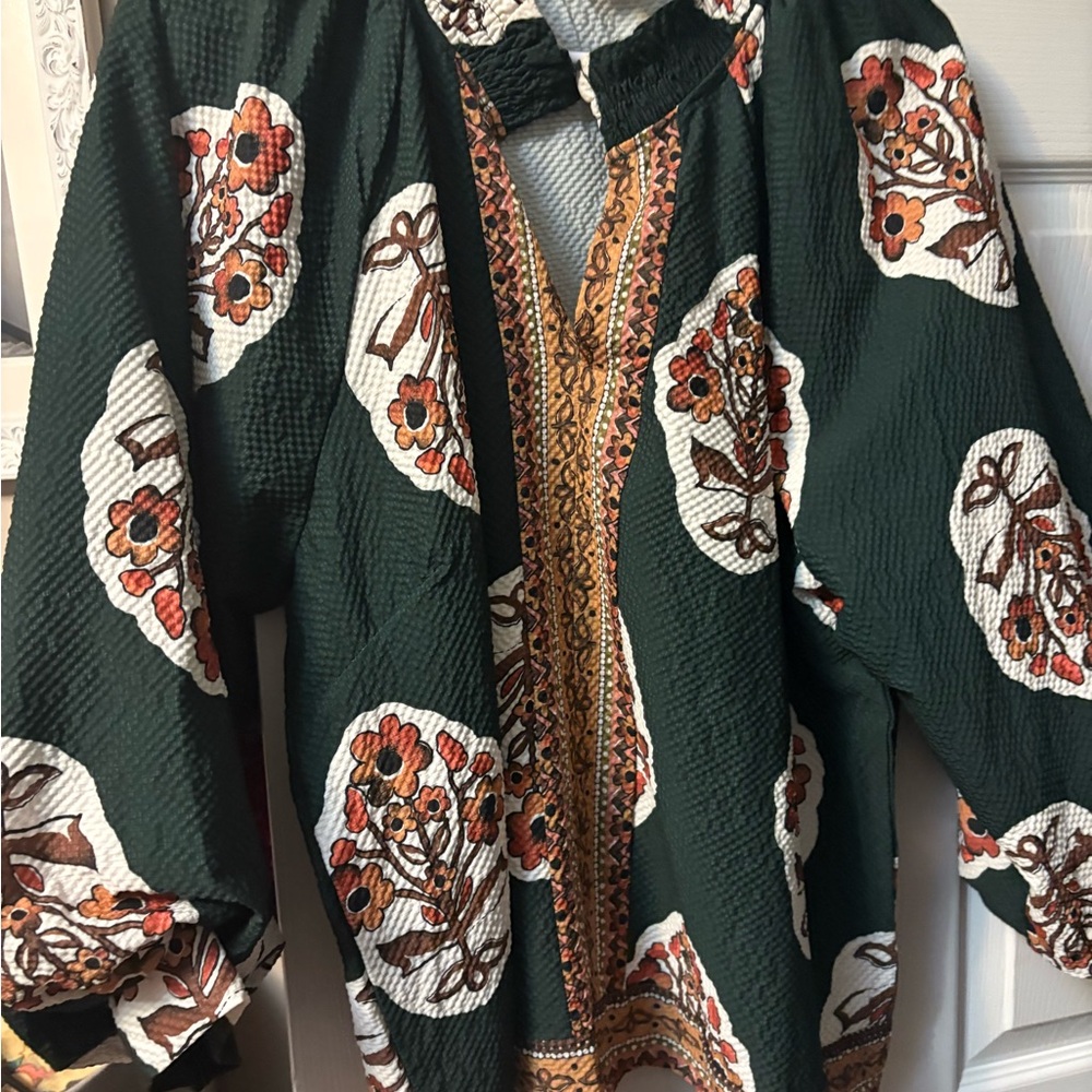 Umgee Dark Green Blouse with Orange and White Floral Design